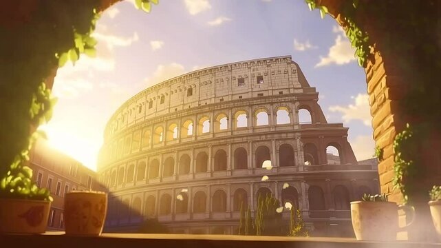 Golden sunlight illuminating the Colosseum viewed through an ivy-covered arch with vibrant details. Travel concept. Seamless looping time-lapse animation video background  
