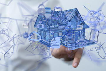 home data. Digital cyberspace with particles and Digital data network connections concept. - neural...