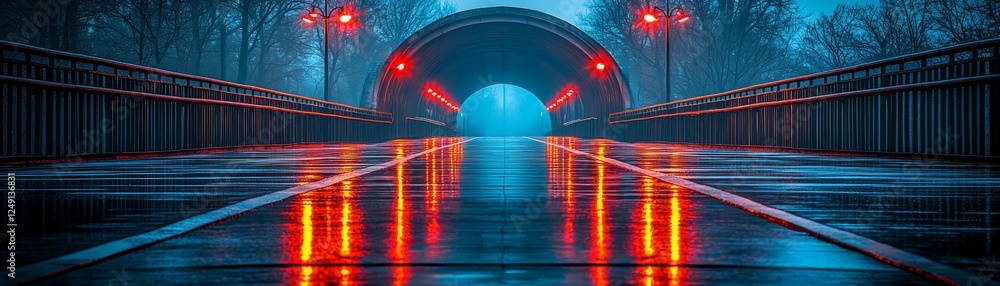 Poster a serene, misty night scene featuring a reflective pathway illuminated by red lights under an arched