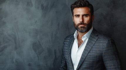 Handsome bearded businessman wearing watch, trendy suit and vest in modern studio against grey wall.