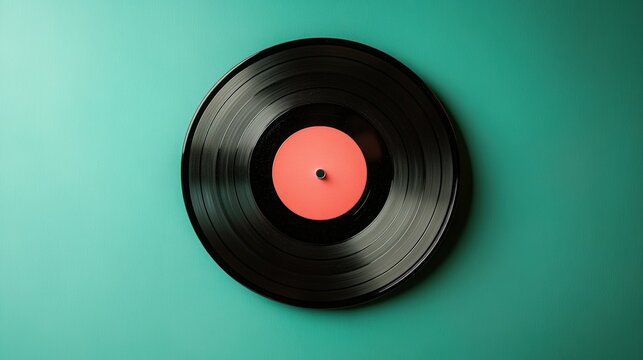 Minimalist Vinyl Record on Green Background, Perfect for Music Lovers and Retro Aesthetics, Ideal for Creative Art Projects and Invitations
