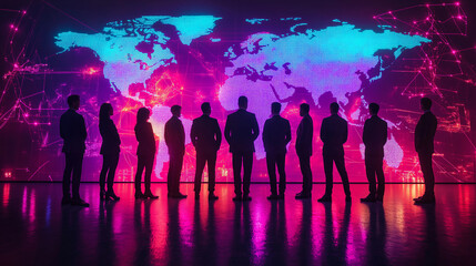 Geschäftsleute vor digitaler Weltkugel in futuristischer Umgebung. Generative AI KI