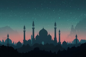 Silhouette of a mosque at night under a starry sky.