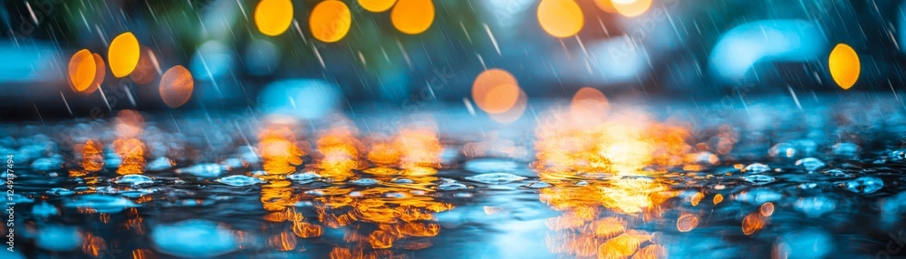 Poster a serene scene of raindrops on a surface, illuminated by soft, colorful bokeh lights in the backgrou