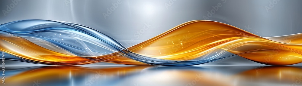Poster an abstract composition featuring flowing waves of blue and orange hues, creating a harmonious blend