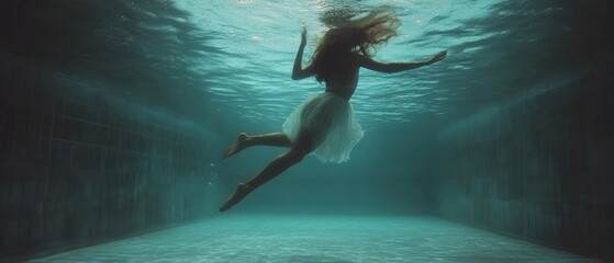 Woman in white skirt gracefully floats underwater in a swimming pool.