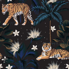 Tiger animal, banana tree, tropical palms, hibiscus flower dark seamless pattern. Exotic night botanical jungle wallpaper. © good_mood