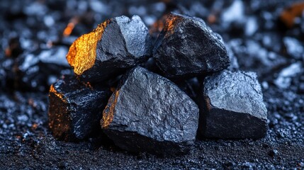 Glowing anthracite coal rocks pile.