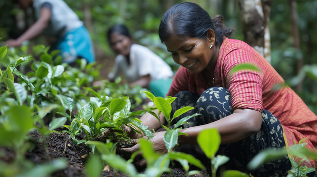 A woman is planting a tree