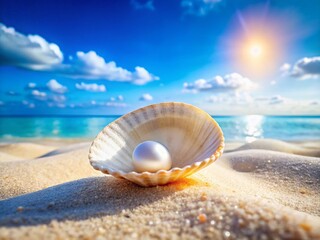 Obraz premium Panoramic Macro Photography: White Sand Beach with Pearl Shell Clam