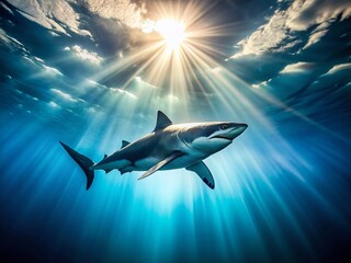 Fototapeta premium Panoramic Ocean: Great White Shark Ascending from Depths