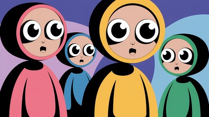 Abstract Illustration of Rounded Colorful Characters with Large Eyes