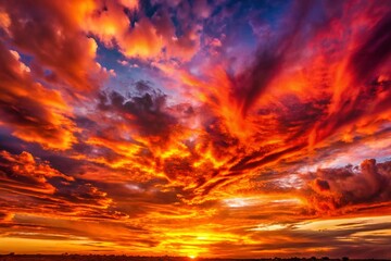 Fototapeta premium Panoramic Red Sunset Sky - Fiery Horizon Landscape Photography