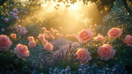 Pink Rose Garden At Sunrise