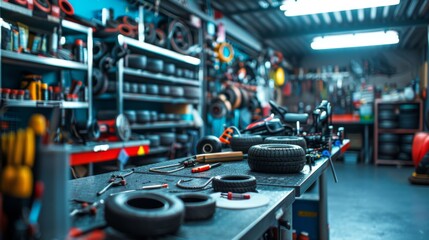 A well organized workshop features a variety of tools and equipment for tire repair. Workbenches hold tires and tools, creating an industrious atmosphere in the automotive workspace.