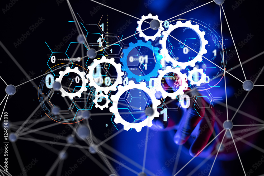 Poster Neural network 3D illustration. Big data and cybersecurity
