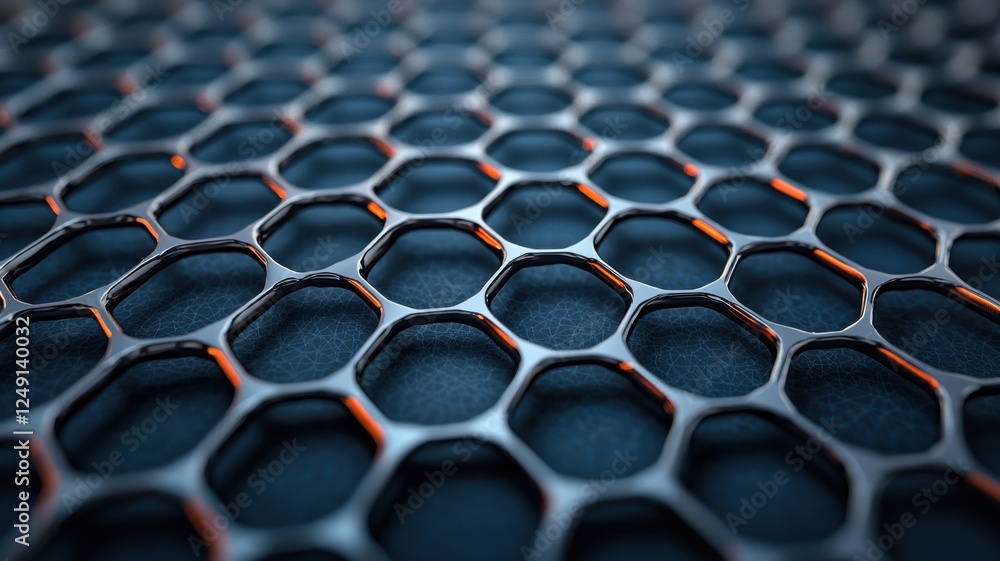 Poster a close-up of a hexagonal pattern, showcasing interlocking shapes, with a dark background and subtle