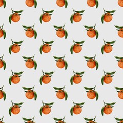 Bright watercolor tangerines with leaves create a seamless pattern for textile designs