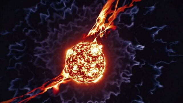 Vibrant, fiery sphere emits intense energy, surrounded by dynamic waves in a cosmic setting. The glowing orb contrasts against a dark background, creating a dramatic visual effect
