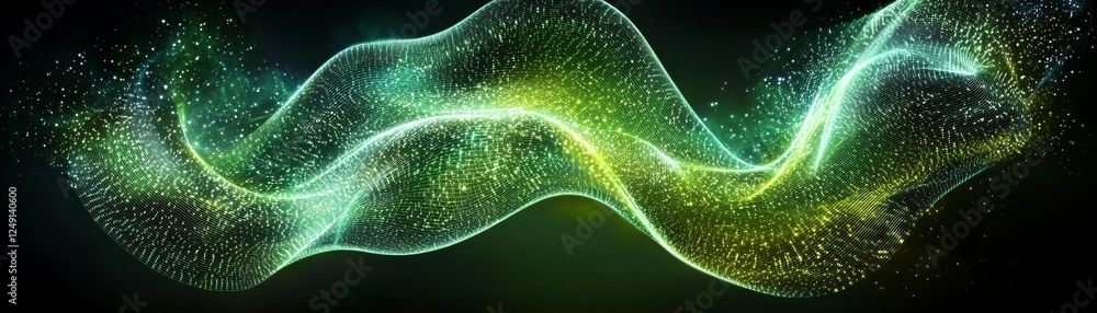 Poster a vibrant, flowing wave of light in green hues, creating a dynamic and ethereal visual effect agains