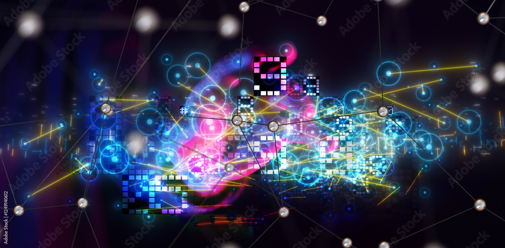 Sticker neural network 3d illustration. big data and cybersecurity