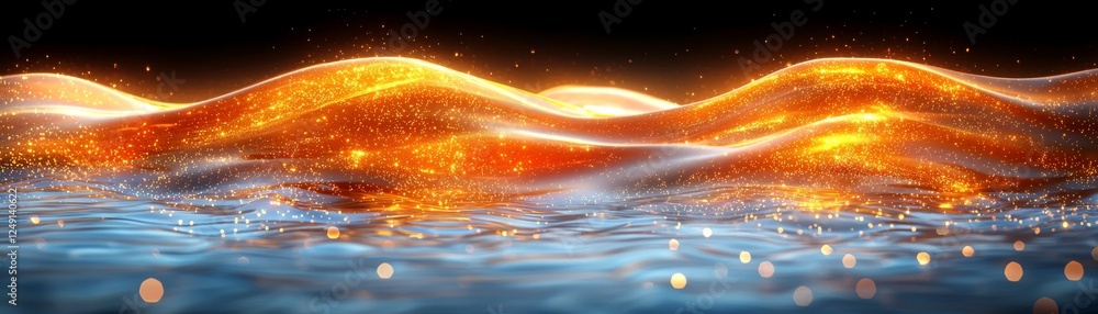Poster a mesmerizing visual of glowing waves, combining golden hues and shimmering water, creating a tranqu