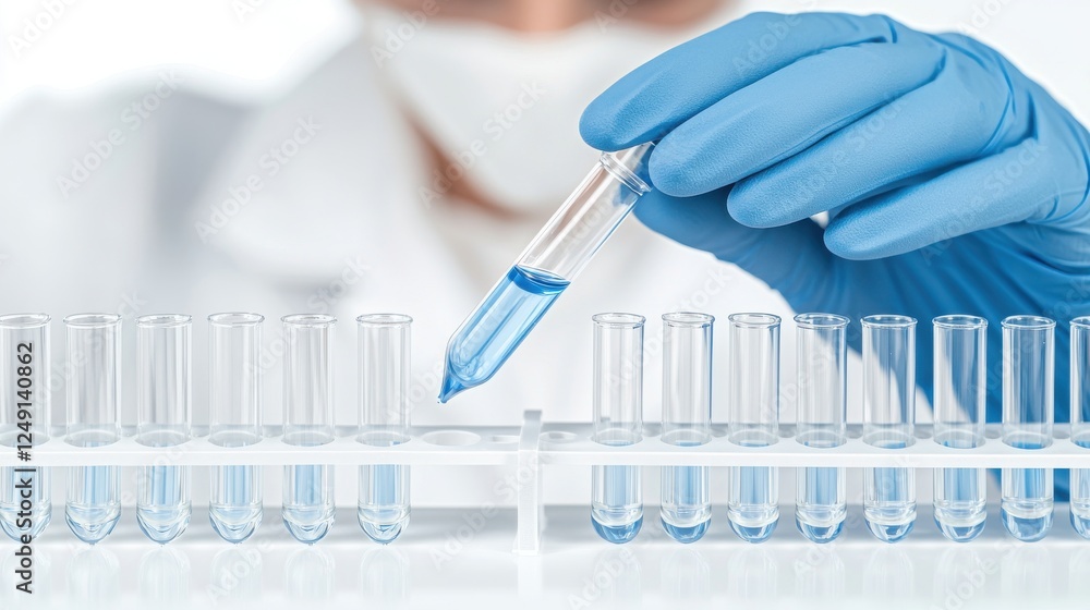 Poster a person in a lab coat uses a pipette to transfer liquid into test tubes, showcasing a precise scien