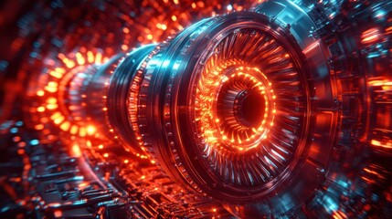 Obraz premium Glowing futuristic engine turbine close-up.