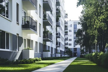 Modern white and grey apartment building in polish city with balconies and green lawns nearby