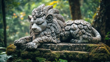 Serene lion statue in lush forest garden