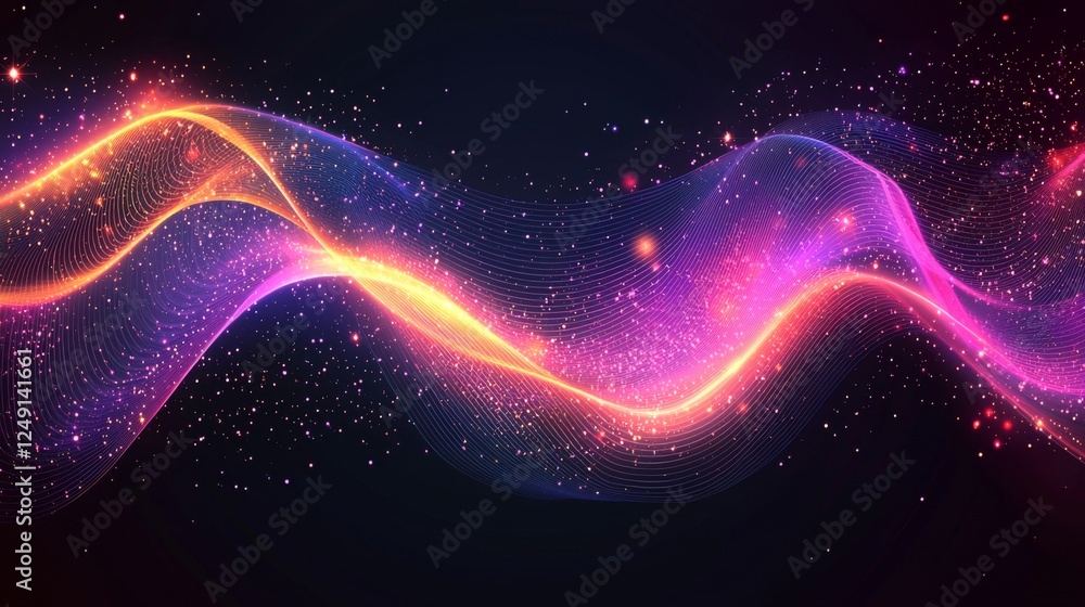 Poster a vibrant wave of colorful light in shades of pink and orange, set against a dark background, creati