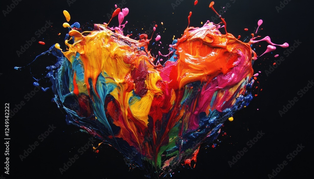 Poster vibrant abstract paint splashes creating a heart shape on a glossy black background