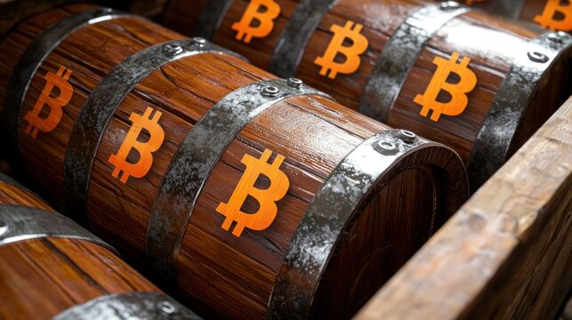 Wooden barrels adorned with cryptocurrency symbols in a rustic storage setting