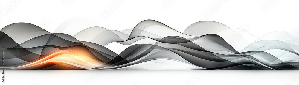 Poster abstract flowing waves in shades of black and gray, creating a sense of movement and depth, with a h