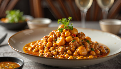 Elegant chickpea curry presented in stylish restaurant setting, culinary delight