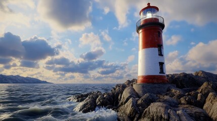 Obraz premium Scenic lighthouse standing on rocky shore under a cloudy sky with waves crashing nearby