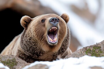 Obraz premium A close-up of a grizzly bear growling and displaying its teeth, emphasizing the raw emotion and formidable presence of this iconic wildlife in its natural winter habitat.