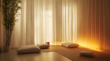 Korean-style minimalist room with a floor seating arrangement, soft linen curtains, and warm lighting 