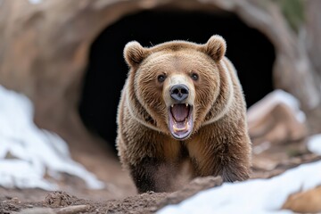 Obraz premium A grizzly bear charging towards the viewer in a snow-covered landscape, symbolizing the wild spirit and strength of nature, coupled with the elegance of its powerful movement.
