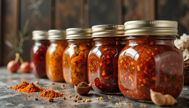 Assorted chutney jars displaying vibrant colors in rustic kitchen, culinary inspiration