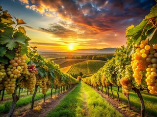 Naklejka premium Panoramic Vineyard Sunset: Lush Grapes Hanging Heavy on Vine