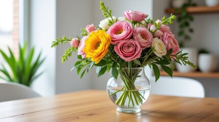 Beautiful Floral Arrangement in a Transparent Vase on a Wooden Table