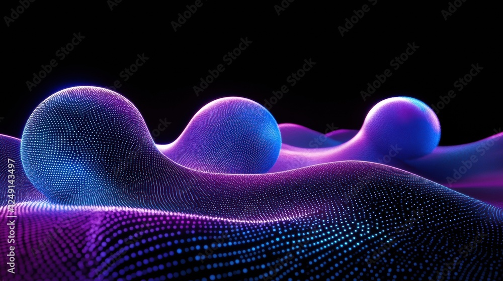 Poster glowing particles waving on black backdrop creating abstract background with blue and purple spheres