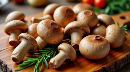 Fresh Wild Mushrooms Beautifully Arranged on a Wooden Board With Rosemary