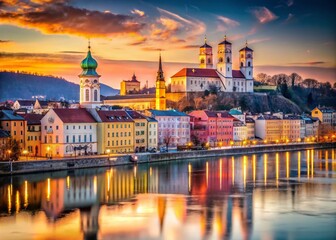Obraz premium Passau Germany Cityscape, March Evening Low Light, Danube River