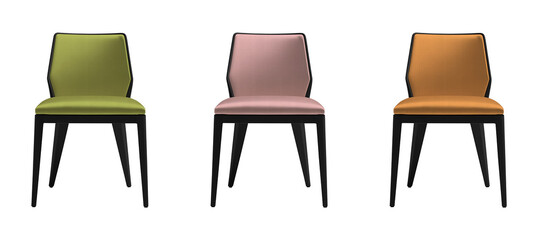 Stylish Upholstered Chair Set PNG Modern Fabric Seating in Olive Green Blush Pink and Mustard Yellow isolated on transparent background