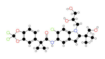 tezacaftor molecule, structural chemical formula, ball-and-stick model, isolated image cftr corrector
