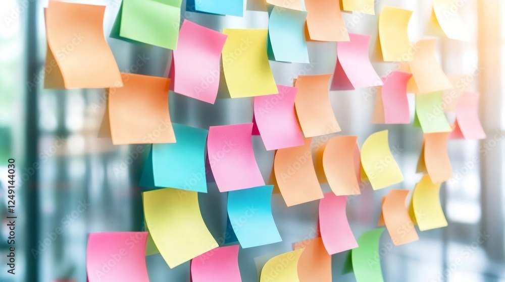Poster many colorful sticky notes are attached to a glass wall in an office environment, suggesting a brain