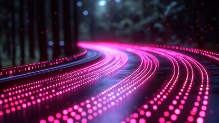 Glowing pink lines curve on dark road.