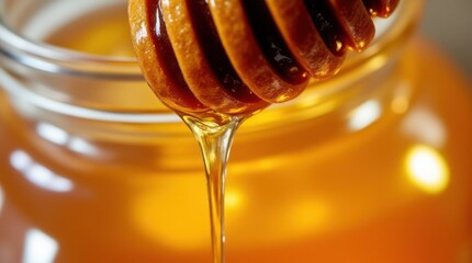Macro Shot of Honey Dipper Dripping Fresh Honey From a Jar